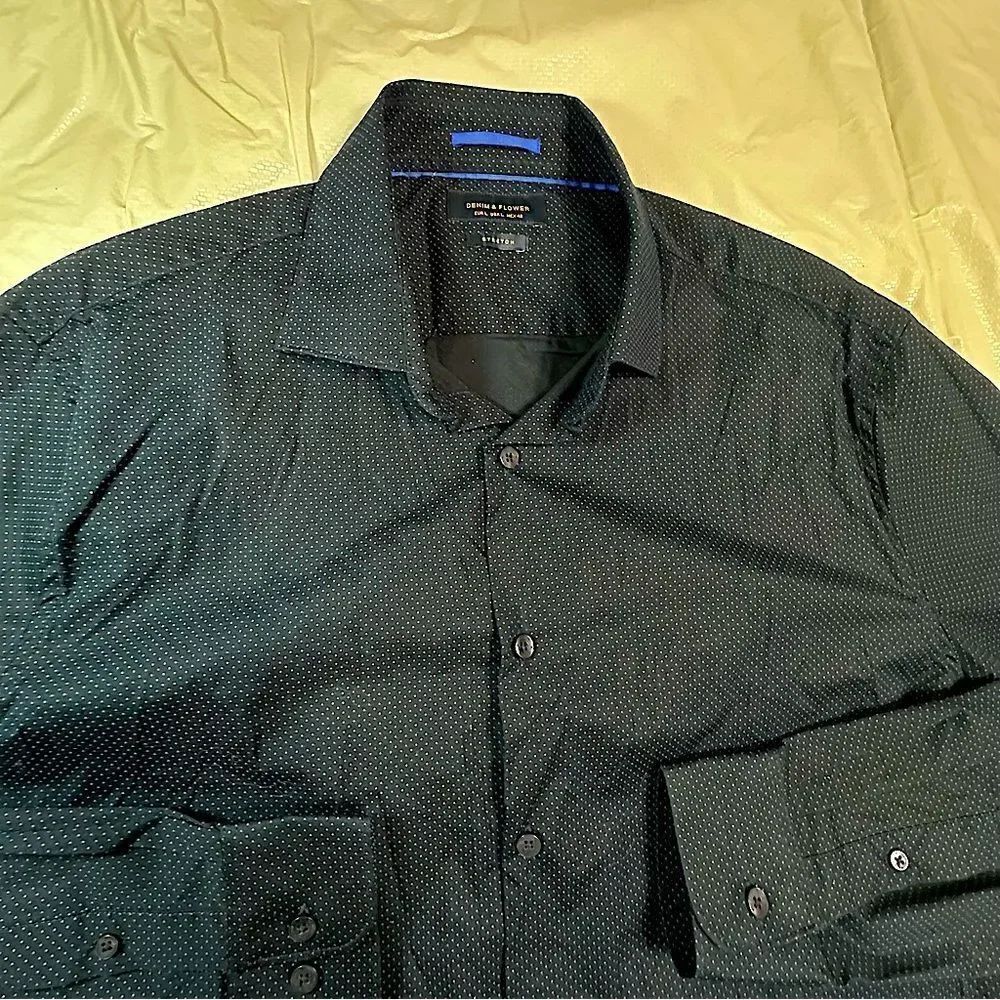 Denim & Flower Black with Blue dots Dress Shirt Long Sleeve Size Large